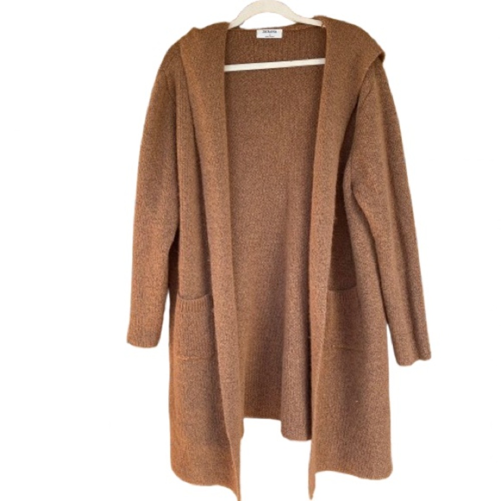 Zenana Open Front Long Hooded Sweater with Pockets Camel Brown Size Large